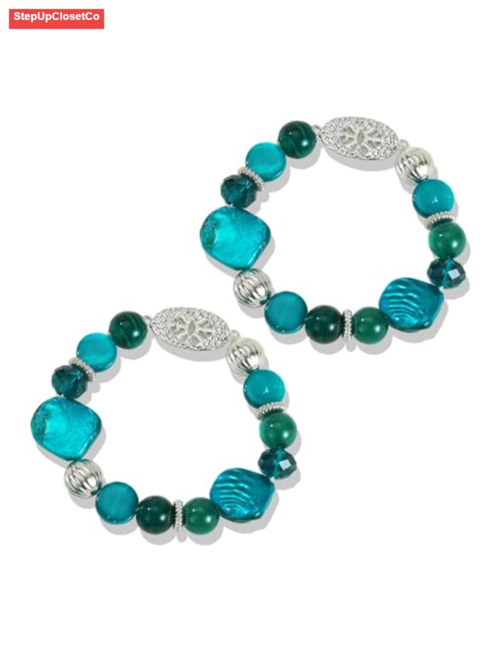Chunky Natural Shell Glass Beaded Stretch Bracelet Stack for Women, Boho